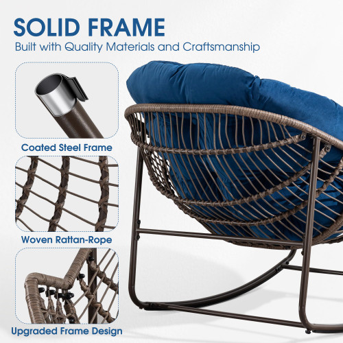 Oversized Papasan Rocking Chair - Outdoor Luxury Comfy Patio Chair Set of 2 Indoor Egg Royal Double Rattan Rocking Chair with Cushion for Front Porch Lounge Lawn Bedroom (Blue Velvet)