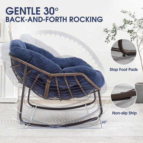 Oversized Papasan Rocking Chair - Outdoor Luxury Comfy Patio Chair Set of 2, Indoor Egg Royal Rattan Rocking Chair with Strip Velvet Cushion for Front Porch Lounge Bedroom Living Room (Navy)