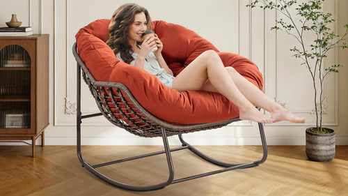 Oversized Papasan Rocking Chair - Outdoor Luxury Comfy Patio Chair Set of 2 Indoor Egg Royal Double Rattan Rocking Chair with Cushion for Front Porch Lounge Lawn Bedroom (Orange)