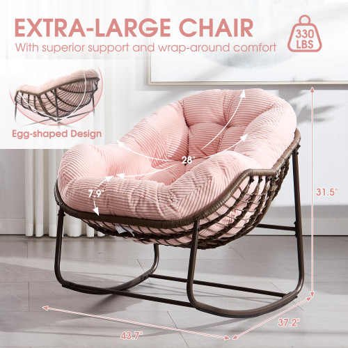 Oversized Papasan Rocking Chair - Outdoor Luxury Comfy Patio Chair Set of 2, Indoor Egg Royal Rattan Rocking Chair with Strip Velvet Cushion for Front Porch Lounge Bedroom Living Room (Pink)