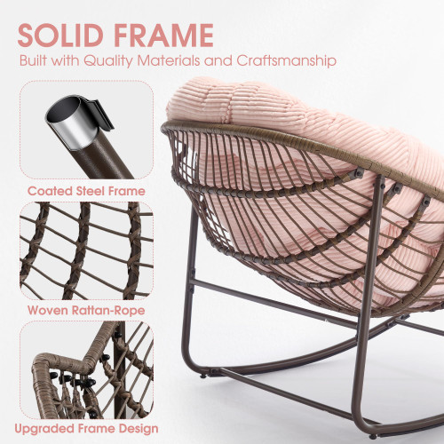 Oversized Papasan Rocking Chair - Outdoor Luxury Comfy Patio Chair Set of 2, Indoor Egg Royal Rattan Rocking Chair with Strip Velvet Cushion for Front Porch Lounge Bedroom Living Room (Pink)