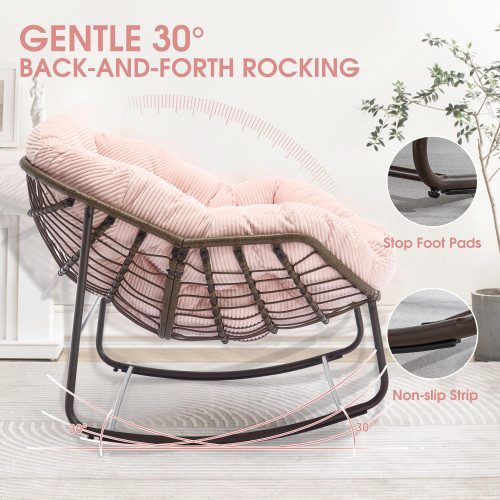 Oversized Papasan Rocking Chair - Outdoor Luxury Comfy Patio Chair Set of 2, Indoor Egg Royal Rattan Rocking Chair with Strip Velvet Cushion for Front Porch Lounge Bedroom Living Room (Pink)