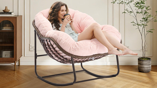 Oversized Papasan Rocking Chair - Outdoor Luxury Comfy Patio Chair Set of 2, Indoor Egg Royal Rattan Rocking Chair with Strip Velvet Cushion for Front Porch Lounge Bedroom Living Room (Pink)
