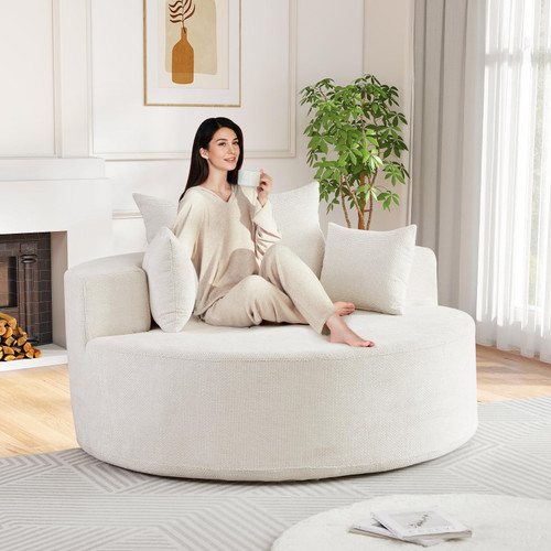 Oversized Round Chaise Longue Chair Indoor, Modern 55-inch Upholstered Waffle Chenille Deep Seat Circle Single Cloud Lounge Floor Sofa Chair for Living Room, Bedroom Apartment, Beige