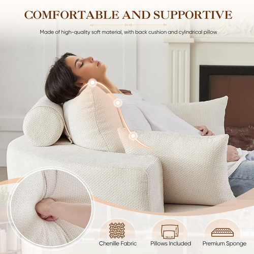 Oversized Round Chaise Longue Chair Indoor, Modern 55-inch Upholstered Waffle Chenille Deep Seat Circle Single Cloud Lounge Floor Sofa Chair for Living Room, Bedroom Apartment, Beige