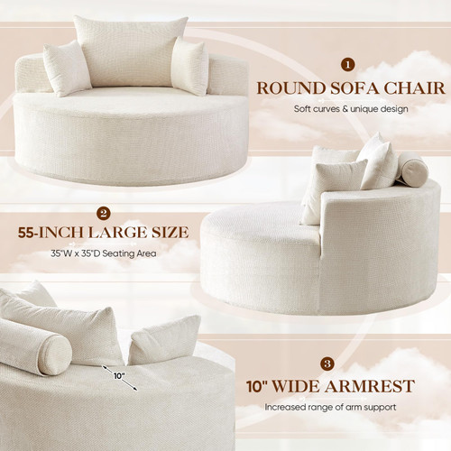 Oversized Round Chaise Longue Chair Indoor, Modern 55-inch Upholstered Waffle Chenille Deep Seat Circle Single Cloud Lounge Floor Sofa Chair for Living Room, Bedroom Apartment, Beige