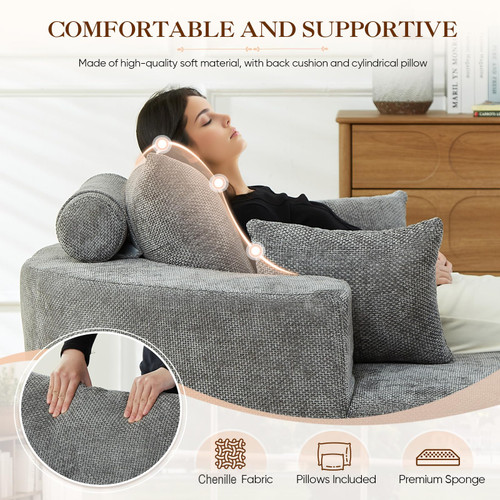 Oversized Round Chaise Longue Chair Indoor, Modern 55-inch Upholstered Waffle Chenille Deep Seat Circle Single Cloud Lounge Floor Sofa Chair for Living Room, Bedroom Apartment, Grey