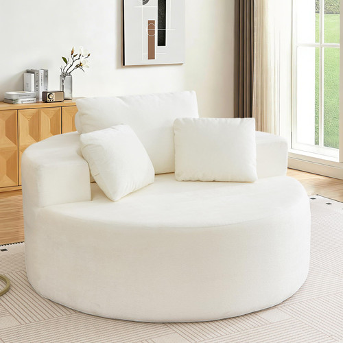 Oversized Round Chaise Longue Chair Indoor, Modern 55-inch Upholstered Terry Fabric Deep Seat Circle Single Cloud Lounge Floor Accent Chair for Living Room, Bedroom Apartment, Beige
