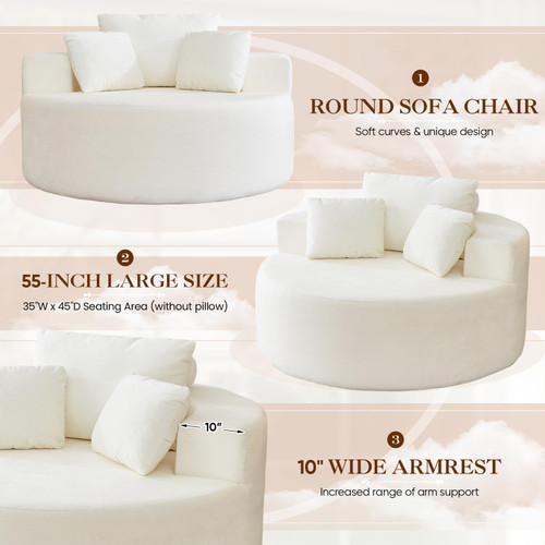 Oversized Round Chaise Longue Chair Indoor, Modern 55-inch Upholstered Terry Fabric Deep Seat Circle Single Cloud Lounge Floor Accent Chair for Living Room, Bedroom Apartment, Beige