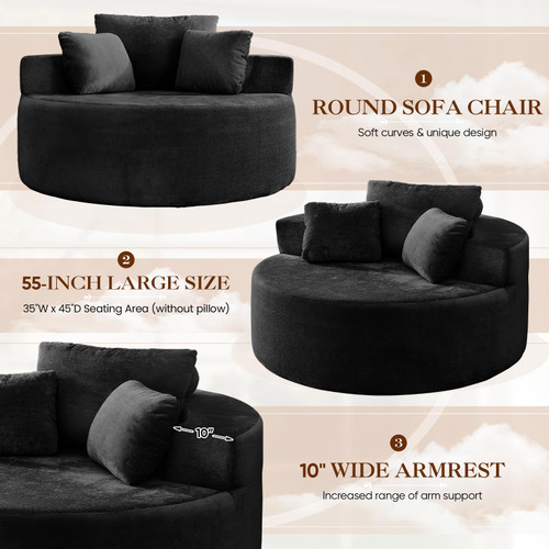 Oversized Round Chaise Longue Chair Indoor, Modern 55-inch Upholstered Terry Fabric Deep Seat Circle Single Cloud Lounge Floor Accent Chair for Living Room, Bedroom Apartment, Black