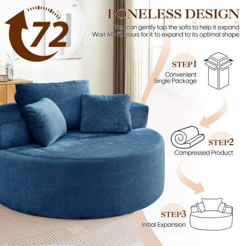 Oversized Round Chaise Longue Chair Indoor, Modern 55-inch Upholstered Terry Fabric Deep Seat Circle Single Cloud Lounge Floor Accent Chair for Living Room, Bedroom Apartment, Blue