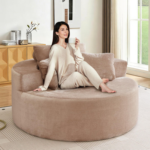  Oversized Round Chaise Longue Chair Indoor, Modern 55-inch Upholstered Terry Fabric Deep Seat Circle Single Cloud Floor Accent Chair for Living Room,Bedroom,Apartment, Camel