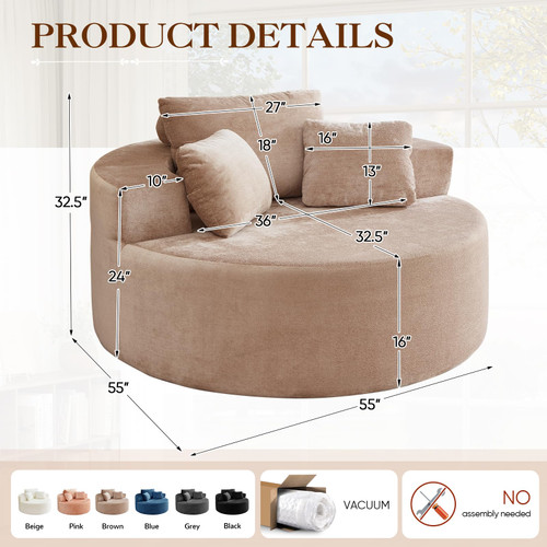  Oversized Round Chaise Longue Chair Indoor, Modern 55-inch Upholstered Terry Fabric Deep Seat Circle Single Cloud Floor Accent Chair for Living Room,Bedroom,Apartment, Camel