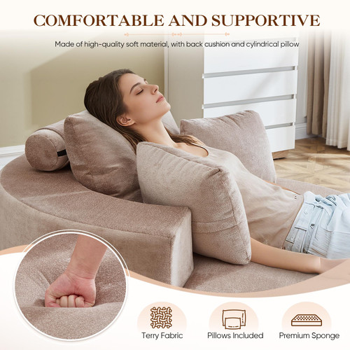  Oversized Round Chaise Longue Chair Indoor, Modern 55-inch Upholstered Terry Fabric Deep Seat Circle Single Cloud Floor Accent Chair for Living Room,Bedroom,Apartment, Camel