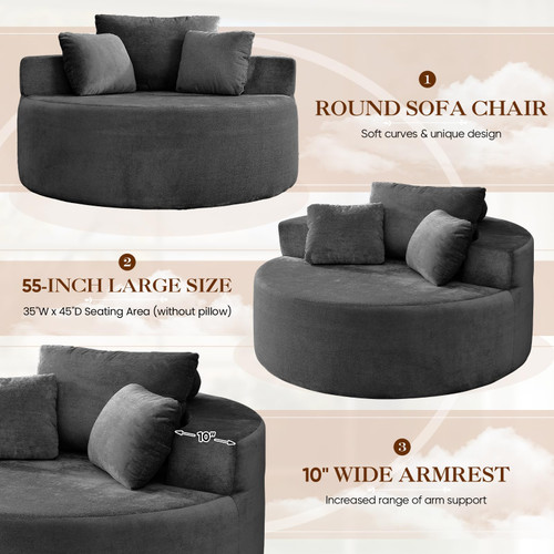 Oversized Round Chaise Longue Chair Indoor, Modern 55-inch Upholstered Terry Fabric Deep Seat Circle Single Cloud Lounge Floor Accent Chair for Living Room, Bedroom Apartment, Grey
