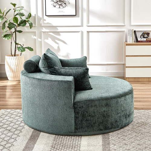 Oversized Round Chaise Longue Chair Indoor, Modern 55-inch Upholstered Chenille Deep Seat Circle Single Cloud Lounge Floor Sofa Chair for Living Room, Bedroom Apartment, Green