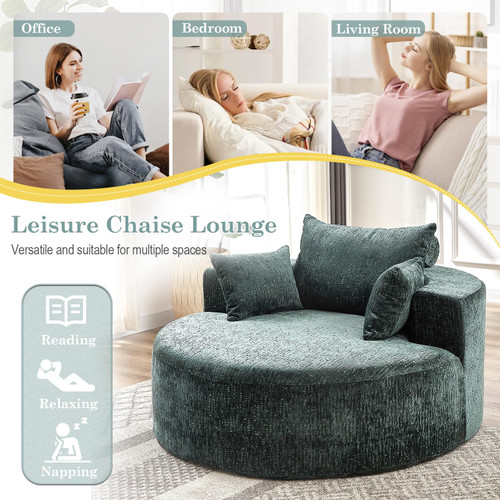 Oversized Round Chaise Longue Chair Indoor, Modern 55-inch Upholstered Chenille Deep Seat Circle Single Cloud Lounge Floor Sofa Chair for Living Room, Bedroom Apartment, Green