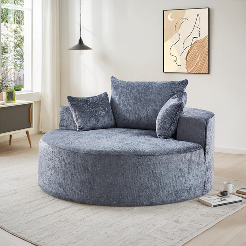 Oversized Round Chaise Longue Chair Indoor, Modern 55-inch Upholstered Chenille Deep Seat Circle Single Cloud Lounge Floor Sofa Chair for Living Room, Bedroom Apartment, Grey