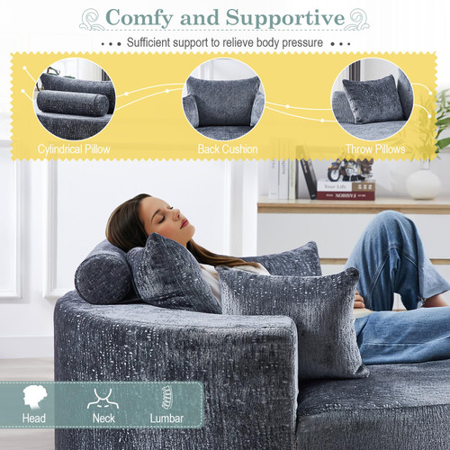 Oversized Round Chaise Longue Chair Indoor, Modern 55-inch Upholstered Chenille Deep Seat Circle Single Cloud Lounge Floor Sofa Chair for Living Room, Bedroom Apartment, Grey