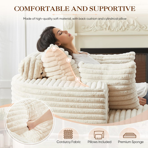 Oversized Round Chaise Longue Chair Indoor, Modern 55-inch Upholstered Corduroy Deep Seat Circle Single Cloud Lounge Floor Sofa Chair for Living Room, Bedroom Apartment, Beige