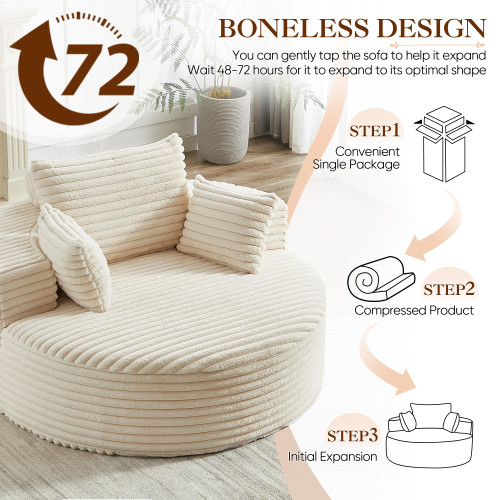 Oversized Round Chaise Longue Chair Indoor, Modern 55-inch Upholstered Corduroy Deep Seat Circle Single Cloud Lounge Floor Sofa Chair for Living Room, Bedroom Apartment, Beige