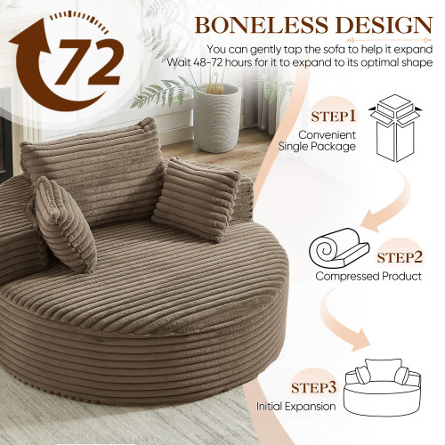 Oversized Round Chaise Longue Chair Indoor, Modern 55-inch Upholstered Corduroy Deep Seat Circle Single Cloud Lounge Floor Sofa Chair for Living Room, Bedroom Apartment, Brown