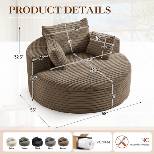 Oversized Round Chaise Longue Chair Indoor, Modern 55-inch Upholstered Corduroy Deep Seat Circle Single Cloud Lounge Floor Sofa Chair for Living Room, Bedroom Apartment, Brown