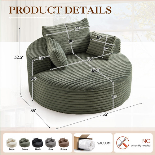Oversized Round Chaise Longue Chair Indoor, Modern 55-inch Upholstered Corduroy Deep Seat Circle Single Cloud Lounge Floor Sofa Chair for Living Room, Bedroom Apartment, Green