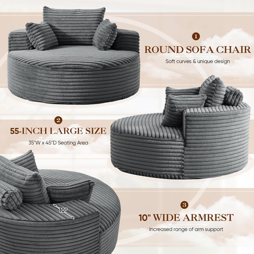 Oversized Round Chaise Longue Chair Indoor, Modern 55-inch Upholstered Corduroy Deep Seat Circle Single Cloud Lounge Floor Sofa Chair for Living Room, Bedroom Apartment, Grey
