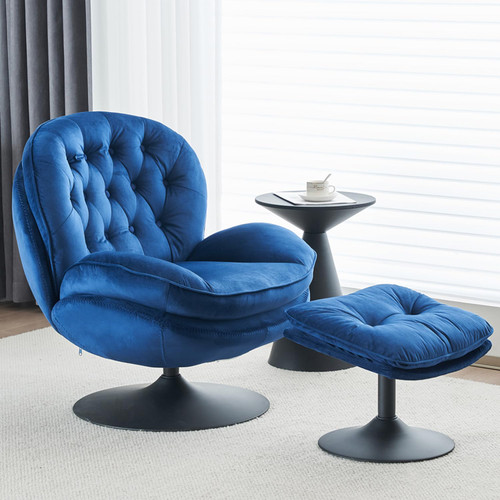 Velvet Swivel Accent Chair with Ottoman Set, Modern Tufted Armchair with Footrest for Living Room, Reading TV Chair for Adults, Comfy Chaise Lounge Chairs with 360 Degree Swiveling for Bedroom, Blue