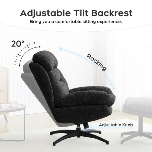 Chenille Swivel Accent Chair with Ottoman Set, Comfy Lounge Reading Chair with Ottoman, Modern 360 Rocking and Swiveling Lazy Single Armchair with Footrest for Bedroom, Black
