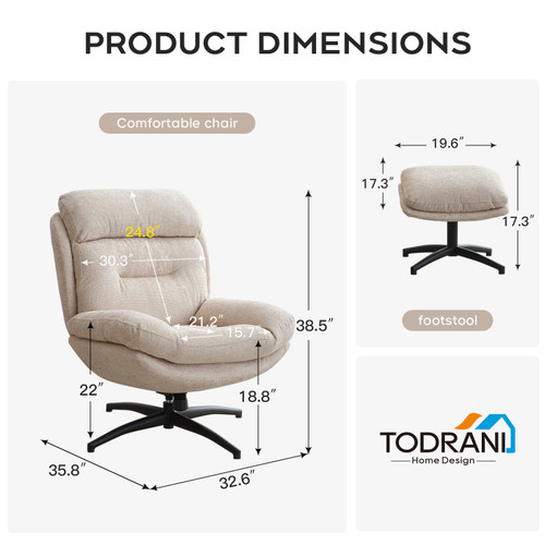 Chenille Swivel Accent Chair with Ottoman Set, Comfy Lounge Reading Chairs with Ottoman, Modern 360 Rocking and Swiveling Lazy Single Armchair with Footrest for Bedroom, Beige