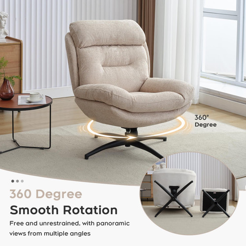 Chenille Swivel Accent Chair with Ottoman Set, Comfy Lounge Reading Chairs with Ottoman, Modern 360 Rocking and Swiveling Lazy Single Armchair with Footrest for Bedroom, Beige