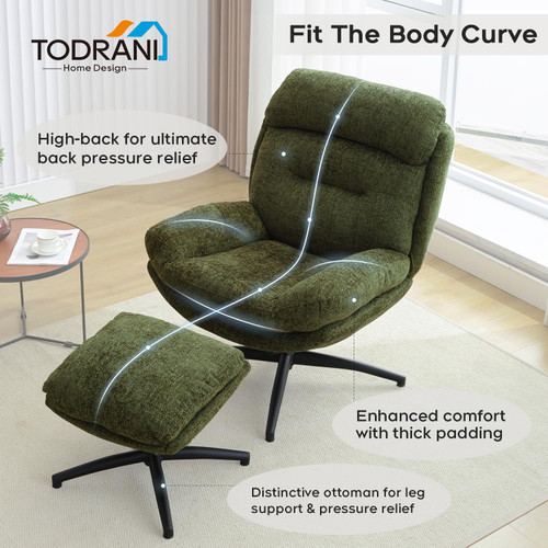 Chenille Swivel Accent Chair with Ottoman Set, Comfy Lounge Chair Reading Chair with Ottoman, Modern 360 Rocking and Swiveling Lazy Single Chair with Footrest for Bedroom, Green