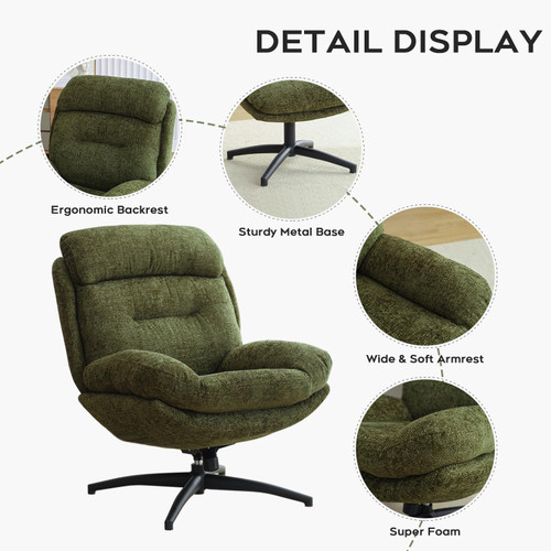 Chenille Swivel Accent Chair with Ottoman Set, Comfy Lounge Chair Reading Chair with Ottoman, Modern 360 Rocking and Swiveling Lazy Single Chair with Footrest for Bedroom, Green