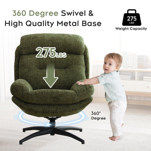 Chenille Swivel Accent Chair with Ottoman Set, Comfy Lounge Chair Reading Chair with Ottoman, Modern 360 Rocking and Swiveling Lazy Single Chair with Footrest for Bedroom, Green