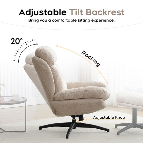 2PCS Chenille Swivel Accent Chair with Ottoman Set, Comfy Lounge Reading Chairs with Ottoman, Modern 360 Rocking and Swiveling Lazy Single Armchair with Footrest for Bedroom, Beige