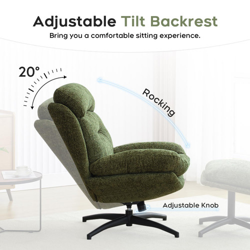 2PCS Chenille Swivel Accent Chair with Ottoman Set, Comfy Lounge Reading Chairs with Ottoman, Modern 360 Rocking and Swiveling Lazy Single Armchair with Footrest for Bedroom, Green