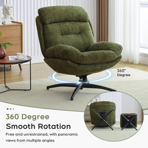 2PCS Chenille Swivel Accent Chair with Ottoman Set, Comfy Lounge Reading Chairs with Ottoman, Modern 360 Rocking and Swiveling Lazy Single Armchair with Footrest for Bedroom, Green