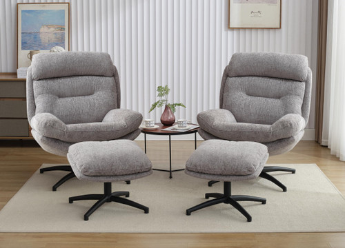 2PCS Chenille Swivel Accent Chair with Ottoman Set, Comfy Lounge Reading Chairs with Ottoman, Modern 360 Rocking and Swiveling Lazy Single Armchair with Footrest for Bedroom, Grey