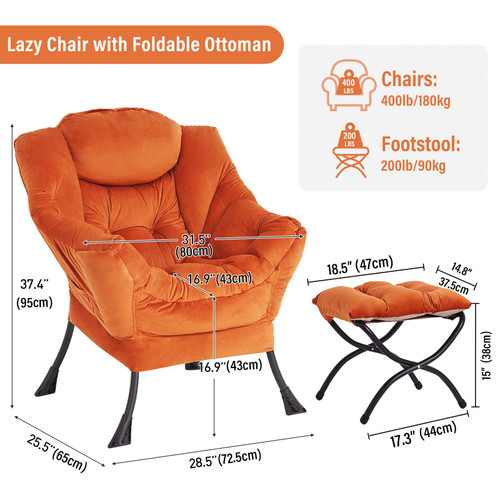 Lazy Chair with Ottoman, Modern Accent Chair with Armrests and a Side Pocket, Velvet Orange Accent Chairs, Reading Chairs, Oversized Armchairs for Bedroom, Study, Living Room, Courtyard