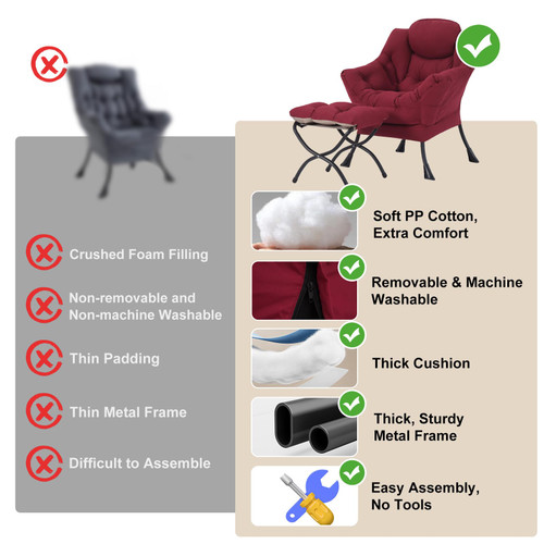 Lazy Chair with Ottoman, Modern Accent Chairs with Folding Footrest, Burgundy Sofa Chair Set, Comfortable Reading Chairs, Oversized Armchairs for Bedroom, Study, Living Room, Courtyard