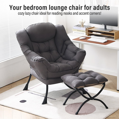 Lazy Chair with Ottoman, Modern Chair with Folding Footrest, Dark Grey Accent Chair, Comfortable Reading Chair, Oversized Armchairs for Bedroom, Study, Living Room, Courtyard