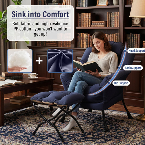 Lazy Chair with Ottoman, Modern Accent Chairs with Folding Footrest, Navy Blue Sofa Chair Set, Comfortable Reading Chairs, Oversized Armchairs for Bedroom, Study, Living Room, Courtyard