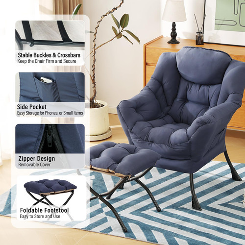 Lazy Chair with Ottoman, Modern Accent Chairs with Folding Footrest, Navy Blue Sofa Chair Set, Comfortable Reading Chairs, Oversized Armchairs for Bedroom, Study, Living Room, Courtyard