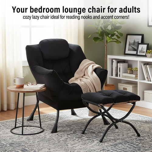 Lazy Chair with Ottoman, Modern Accent Chair with Armrests and a Side Pocket, Velvet Black Accent Chairs, Reading Chairs, Oversized Armchairs for Bedroom, Study, Living Room, Courtyard