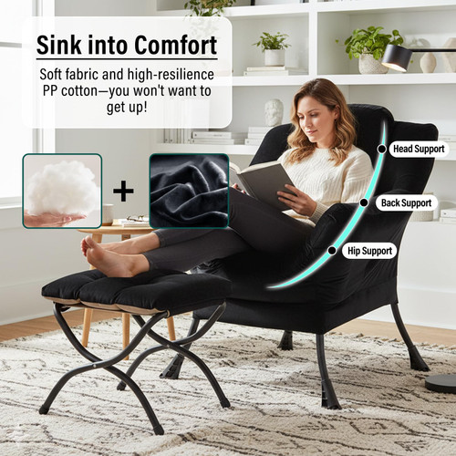Lazy Chair with Ottoman, Modern Accent Chair with Armrests and a Side Pocket, Velvet Black Accent Chairs, Reading Chairs, Oversized Armchairs for Bedroom, Study, Living Room, Courtyard