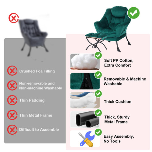 Lazy Chair with Ottoman, Modern Accent Chairs with Folding Footrest, Velvet Dark Green Sofa Chair Set, Reading Chairs, Oversized Armchairs for Bedroom, Study, Living Room, Courtyard