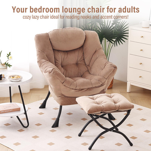 Lazy Chair with Ottoman, Modern Accent Chair with Armrests and a Side Pocket, Velvet Khaki Accent Chairs, Reading Chairs, Oversized Armchairs for Bedroom, Study, Living Room, Courtyard