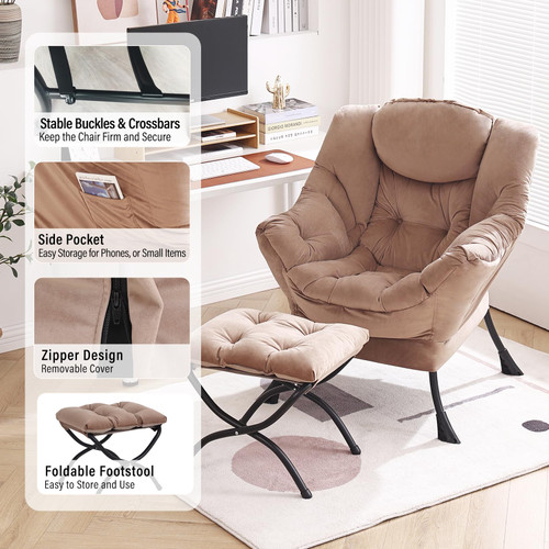 Lazy Chair with Ottoman, Modern Accent Chair with Armrests and a Side Pocket, Velvet Khaki Accent Chairs, Reading Chairs, Oversized Armchairs for Bedroom, Study, Living Room, Courtyard